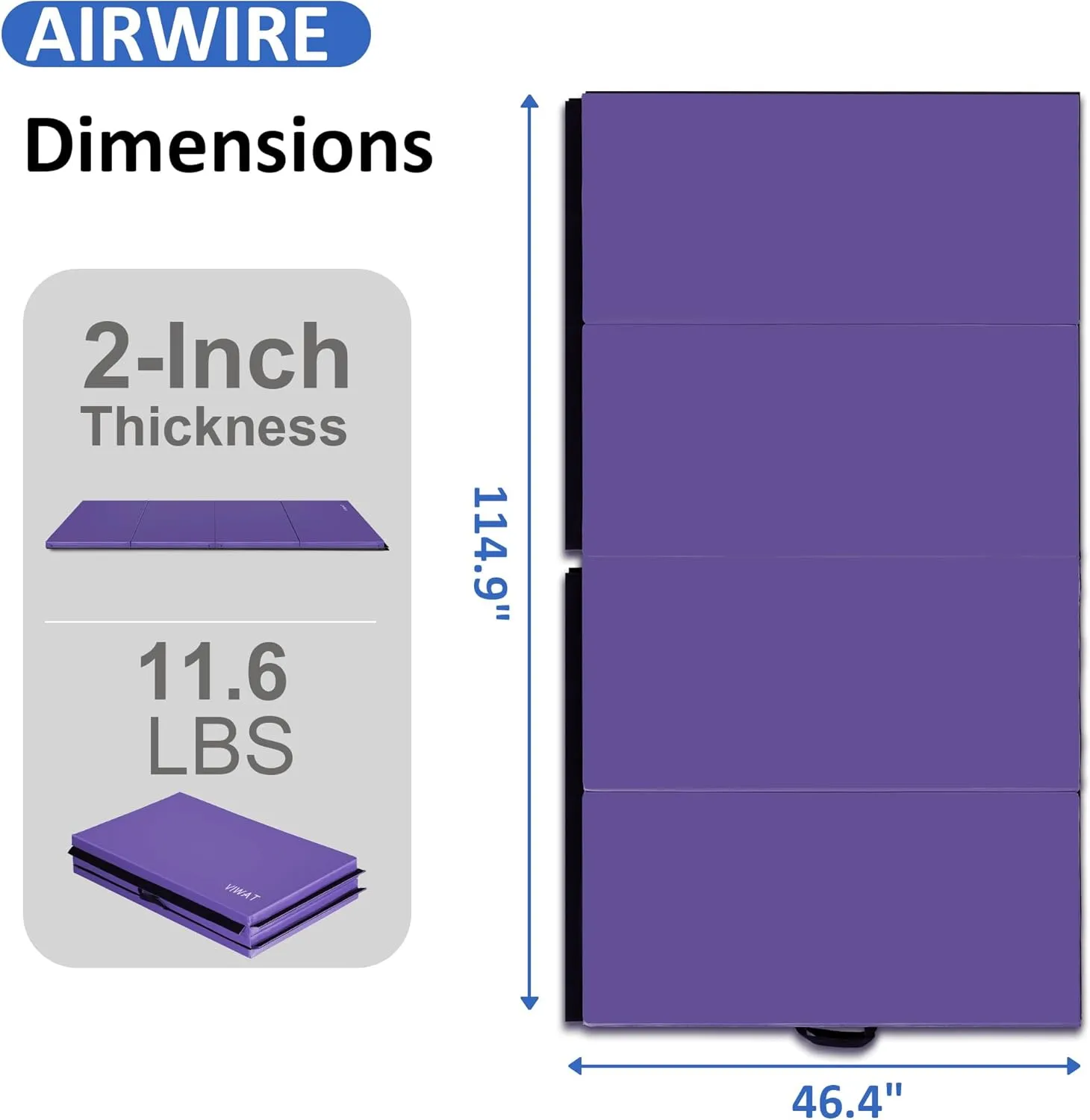 Gymnastics Mat 4'x10'x2" Thick Tumbling Mat with Carrying Handles Floding Interlocking Gym Mat for Gymnastics, Wrestling, MMA, Martial Arts, Stretching, Core Workouts