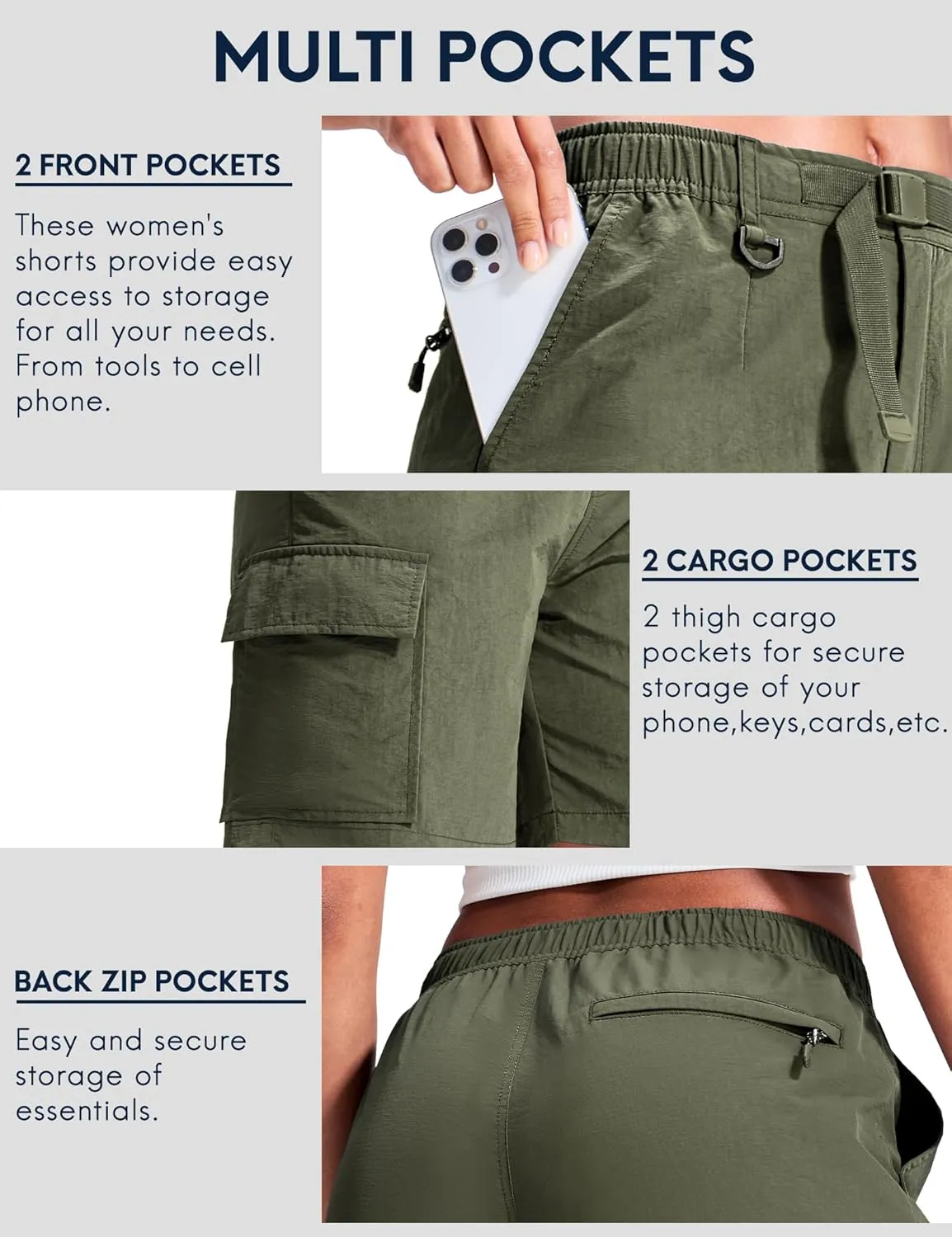 Haimont Women's 7 Inch Hiking Cargo Shorts with Belts Elastic Waist Nylon Quick Dry Water Resistant Camping Travel Trekking