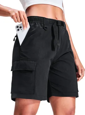 Haimont Women's 7 Inch Hiking Cargo Shorts with Belts Elastic Waist Nylon Quick Dry Water Resistant Camping Travel Trekking