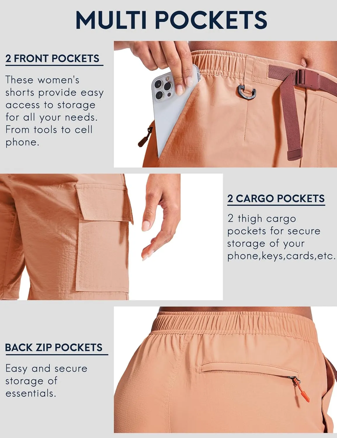 Haimont Women's 7 Inch Hiking Cargo Shorts with Belts Elastic Waist Nylon Quick Dry Water Resistant Camping Travel Trekking
