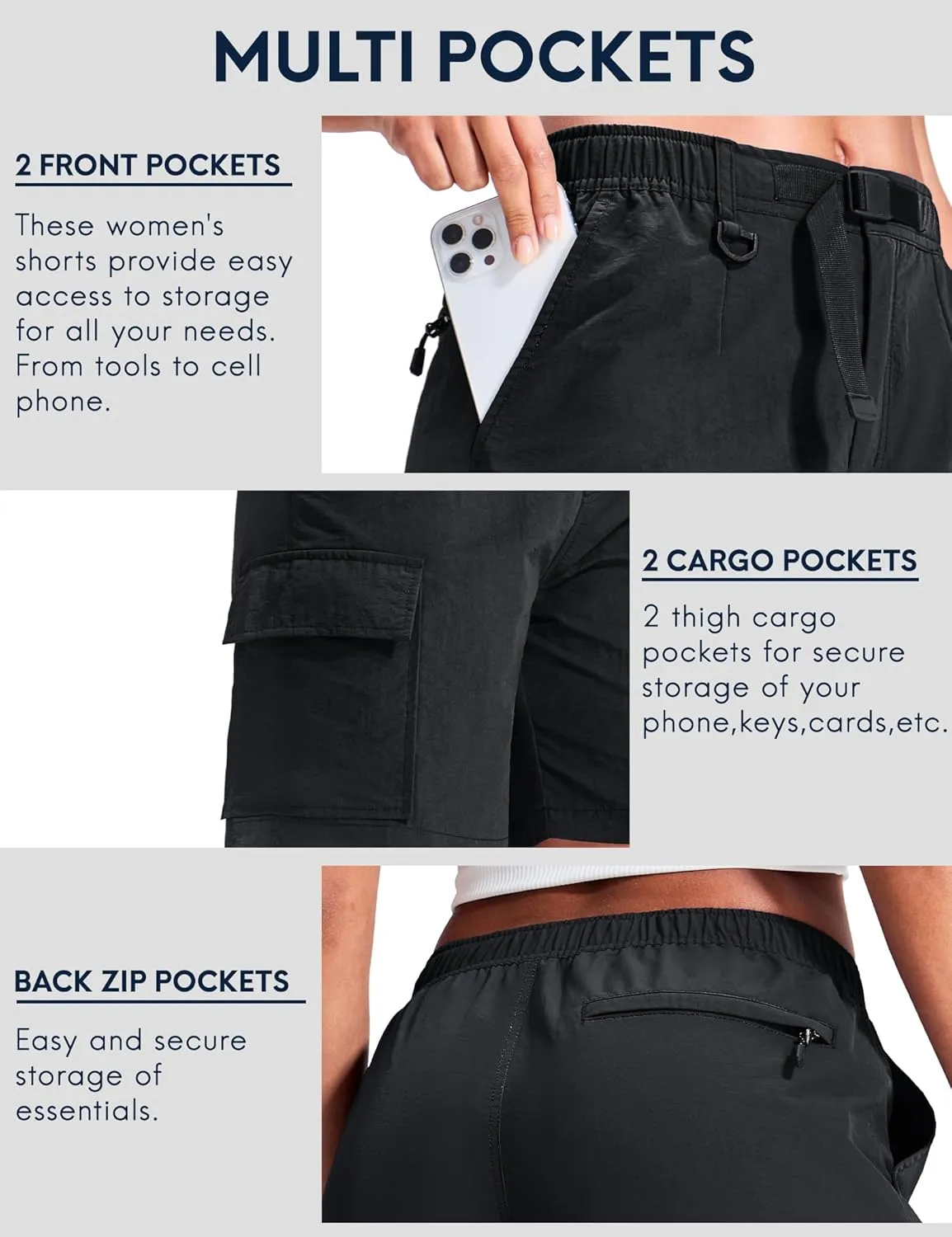 Haimont Women's 7 Inch Hiking Cargo Shorts with Belts Elastic Waist Nylon Quick Dry Water Resistant Camping Travel Trekking