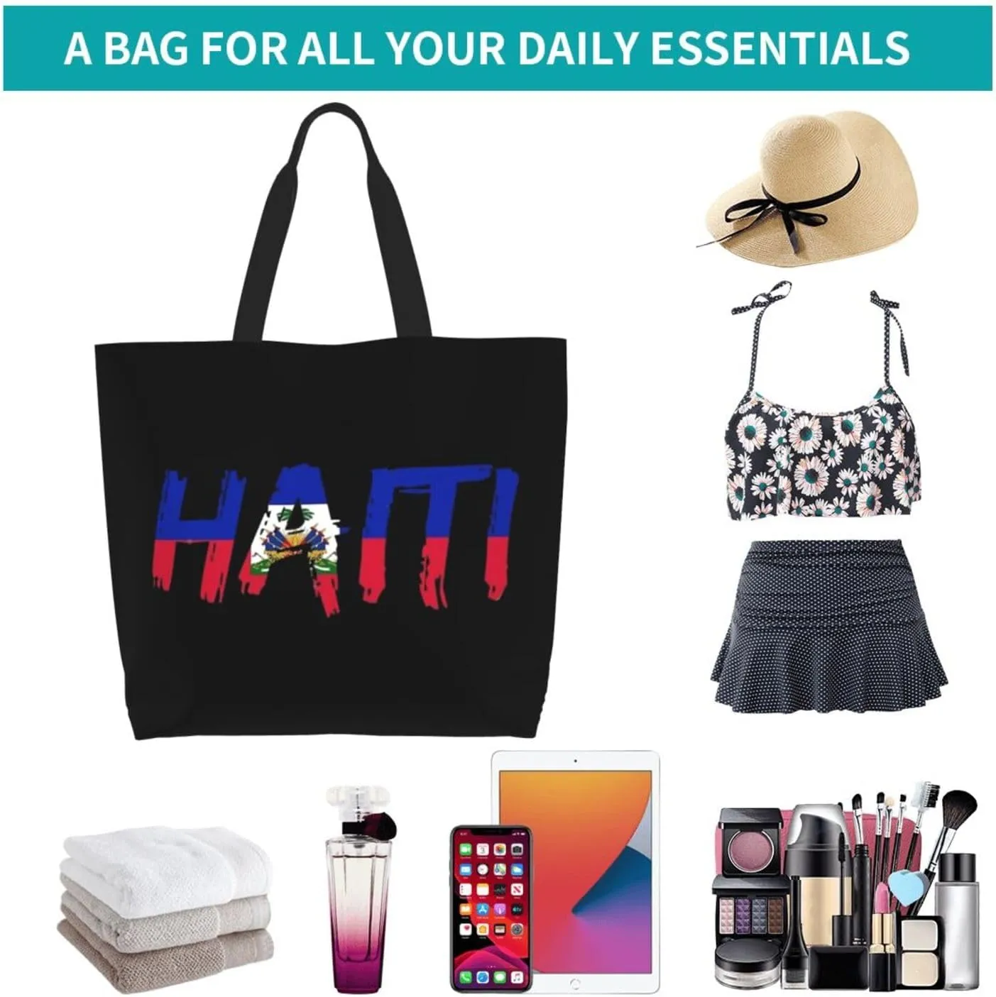 Haitian Canvas Tote Bag Haiti Flag Shoulder Bag Haiti Casual Grocery Bags Haitian Bags for Outdoor
