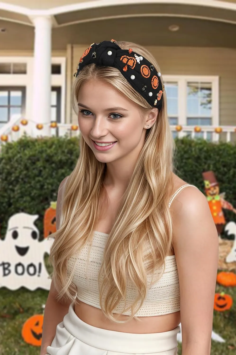 Halloween Boo Headband for Women Crystal Pearl Knotted Hairband Beaded Black Orange Wide Knot Headband for Girls Adult Halloween Pumpkin Ghost Accessories Outfits Gifts