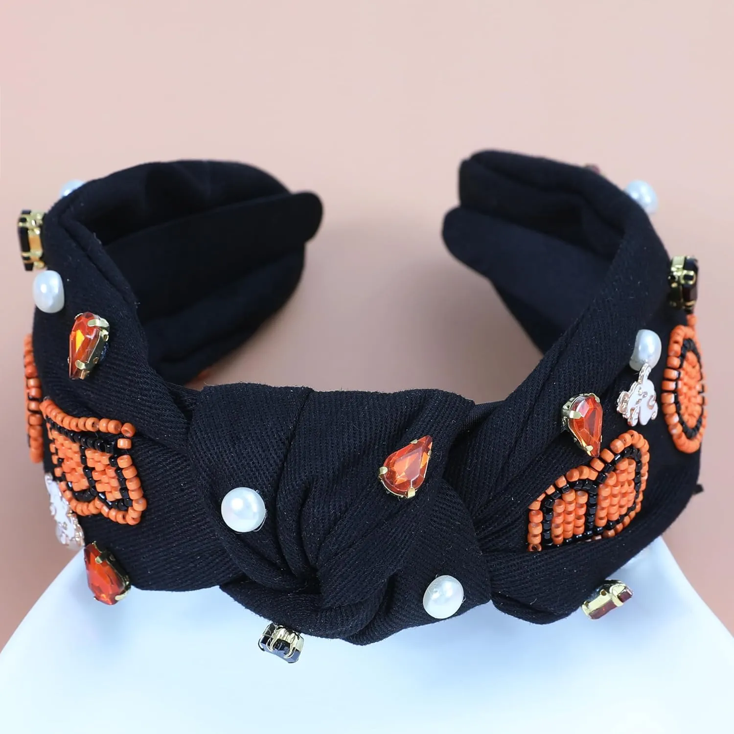 Halloween Boo Headband for Women Crystal Pearl Knotted Hairband Beaded Black Orange Wide Knot Headband for Girls Adult Halloween Pumpkin Ghost Accessories Outfits Gifts