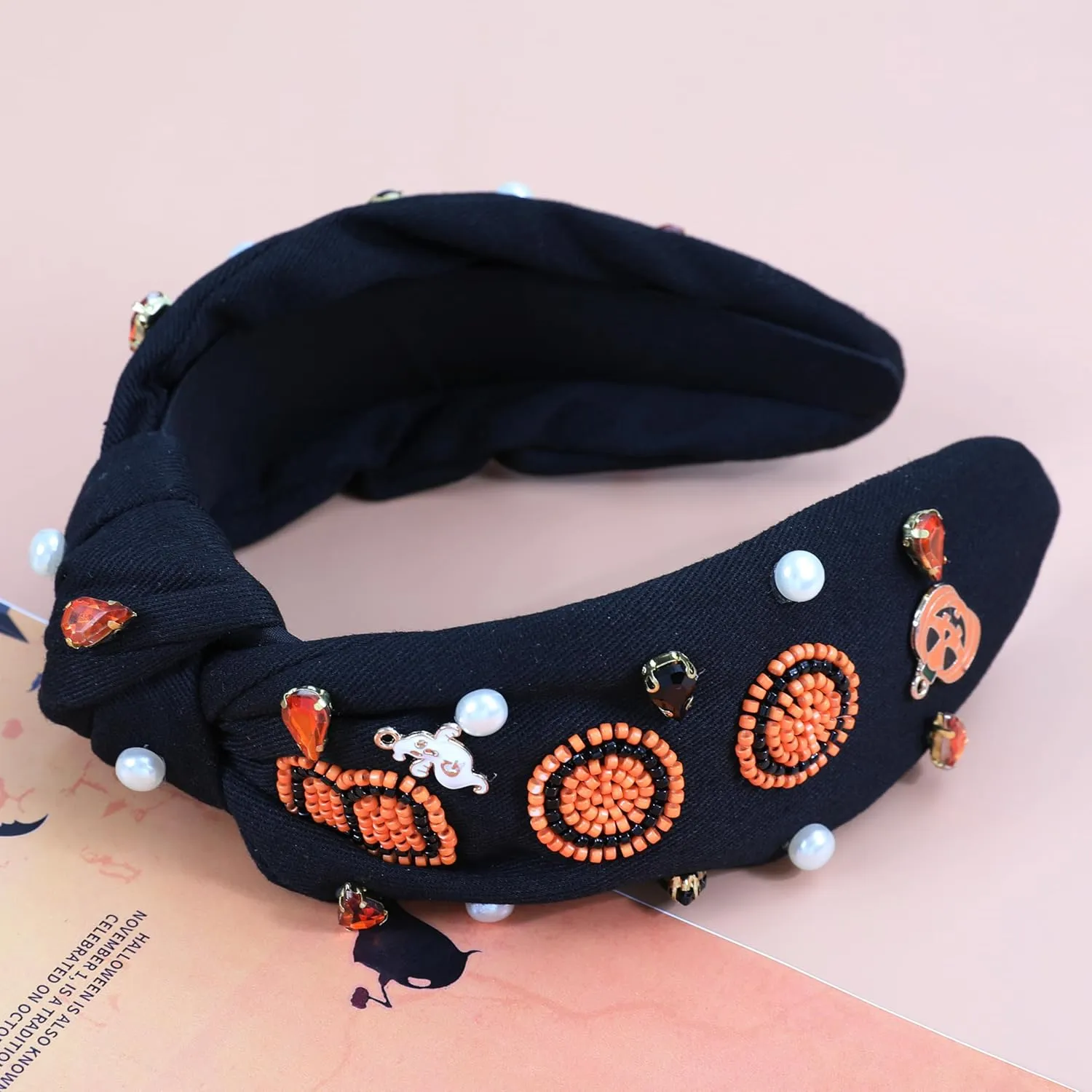 Halloween Boo Headband for Women Crystal Pearl Knotted Hairband Beaded Black Orange Wide Knot Headband for Girls Adult Halloween Pumpkin Ghost Accessories Outfits Gifts