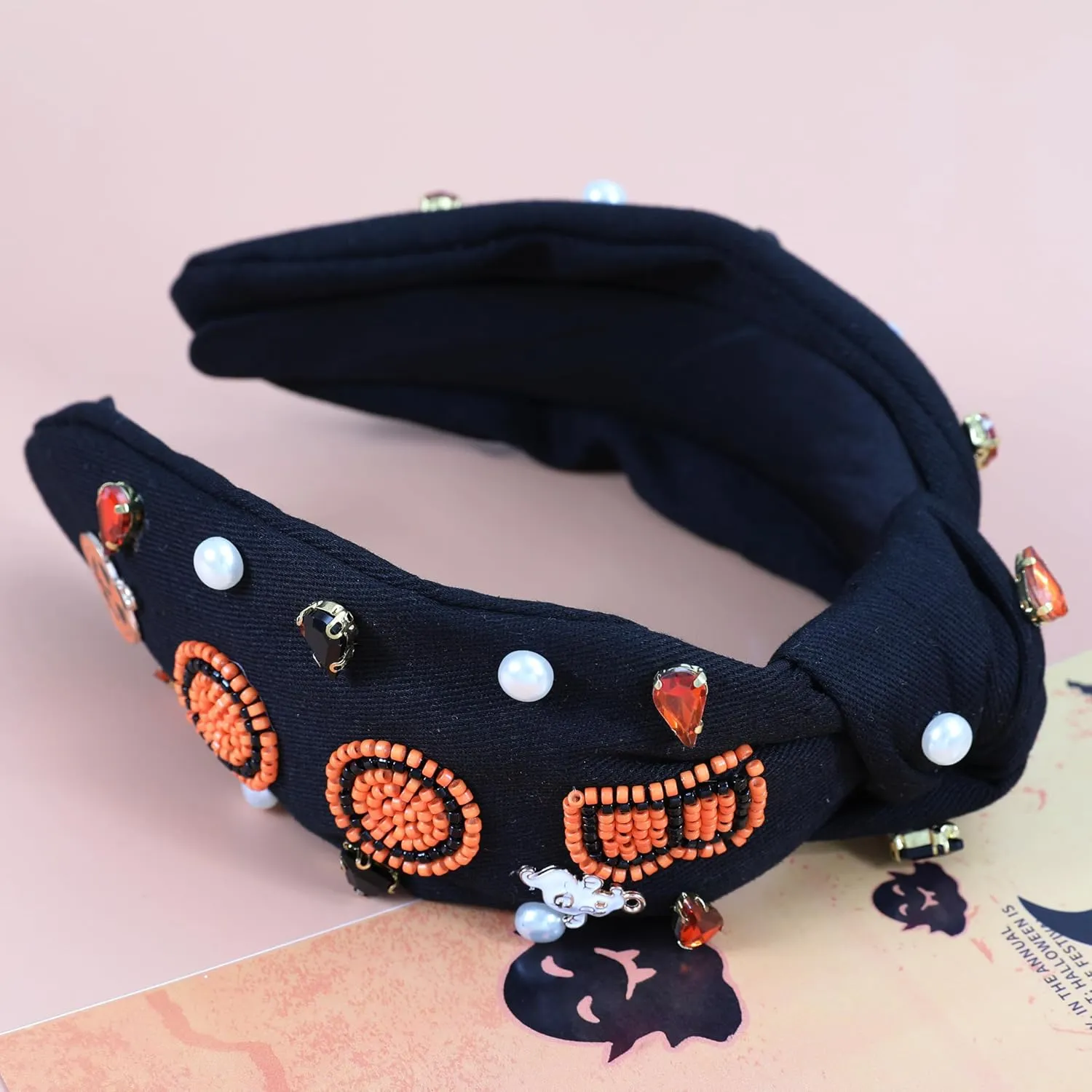 Halloween Boo Headband for Women Crystal Pearl Knotted Hairband Beaded Black Orange Wide Knot Headband for Girls Adult Halloween Pumpkin Ghost Accessories Outfits Gifts