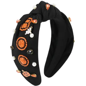 Halloween Boo Headband for Women Crystal Pearl Knotted Hairband Beaded Black Orange Wide Knot Headband for Girls Adult Halloween Pumpkin Ghost Accessories Outfits Gifts