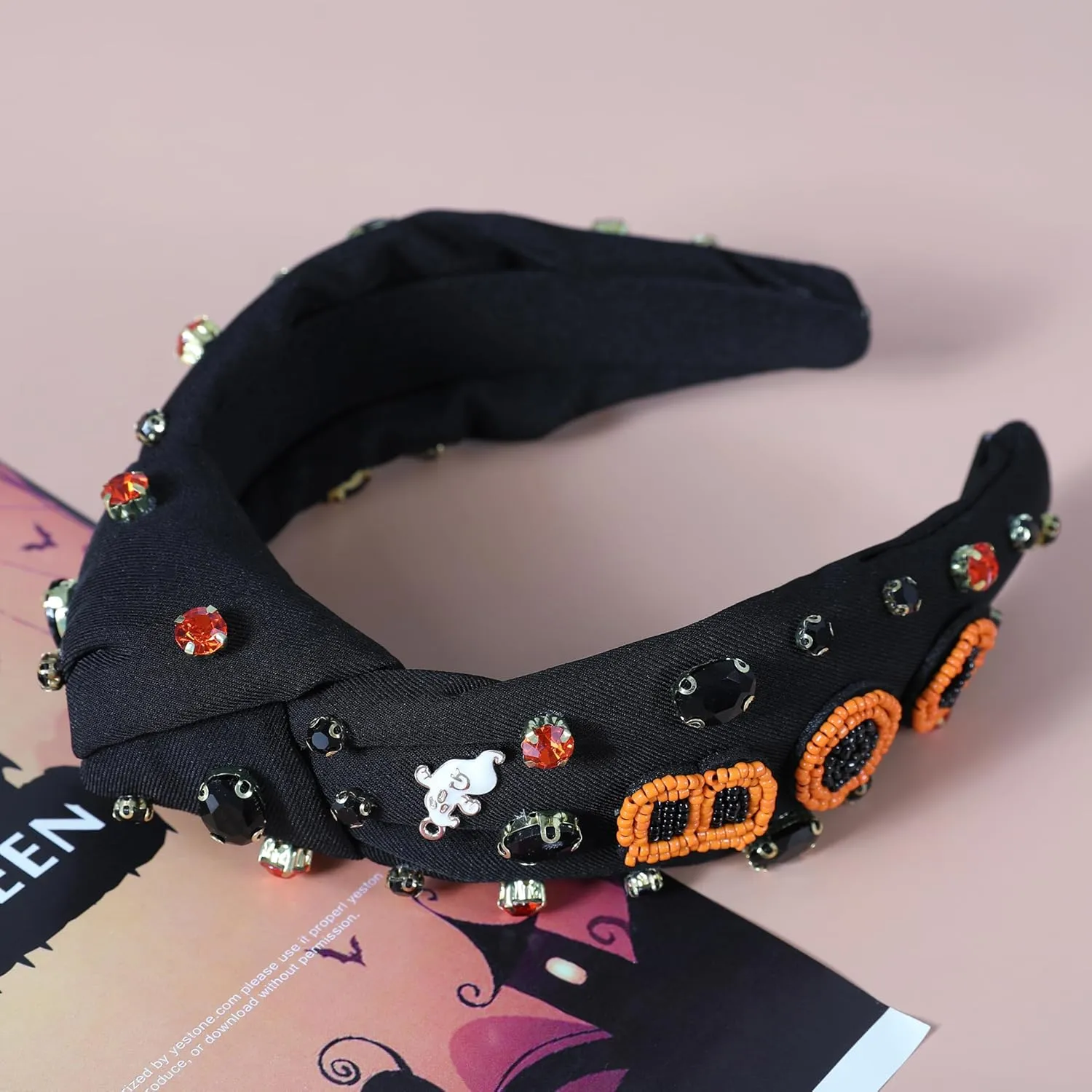 Halloween Boo Headband for Women Crystal Pearl Knotted Hairband Beaded Black Orange Wide Knot Headband for Girls Adult Halloween Spooky Ghost Accessories Outfits Gifts