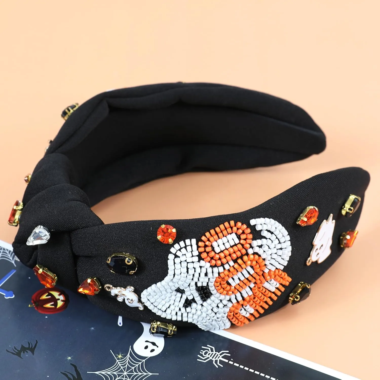 Halloween Boo Headband for Women Crystal Pearl Knotted Hairband Beaded Black Orange Wide Knot Headband for Girls Adult Halloween Spooky Ghost Accessories Outfits Gifts