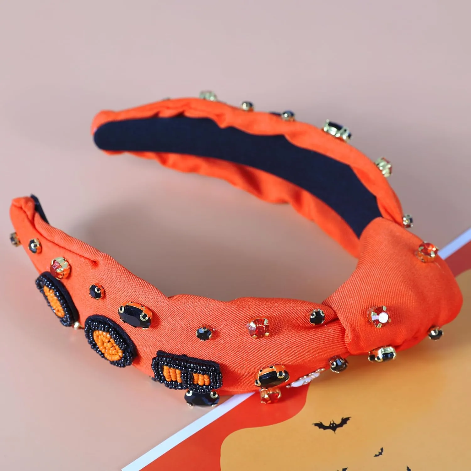 Halloween Boo Headband for Women Crystal Pearl Knotted Hairband Beaded Black Orange Wide Knot Headband for Girls Adult Halloween Spooky Ghost Accessories Outfits Gifts