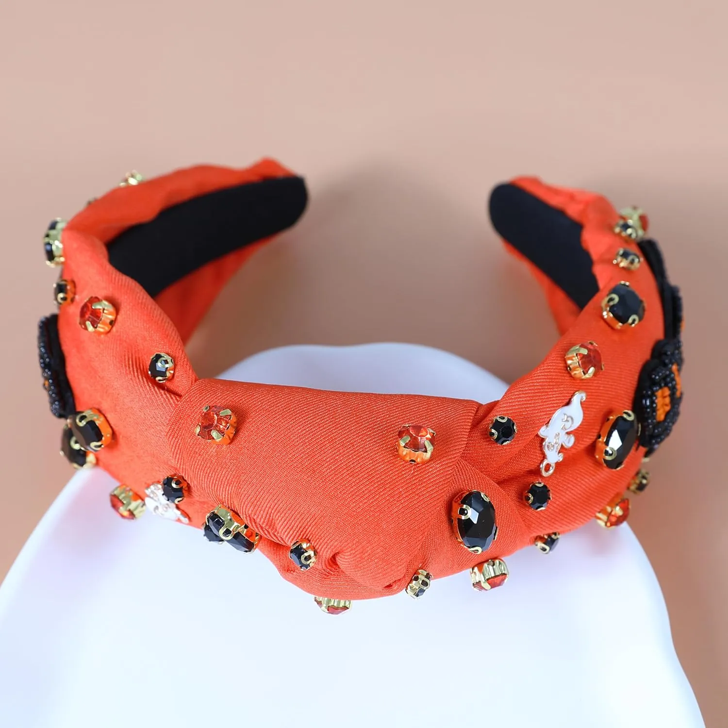 Halloween Boo Headband for Women Crystal Pearl Knotted Hairband Beaded Black Orange Wide Knot Headband for Girls Adult Halloween Spooky Ghost Accessories Outfits Gifts