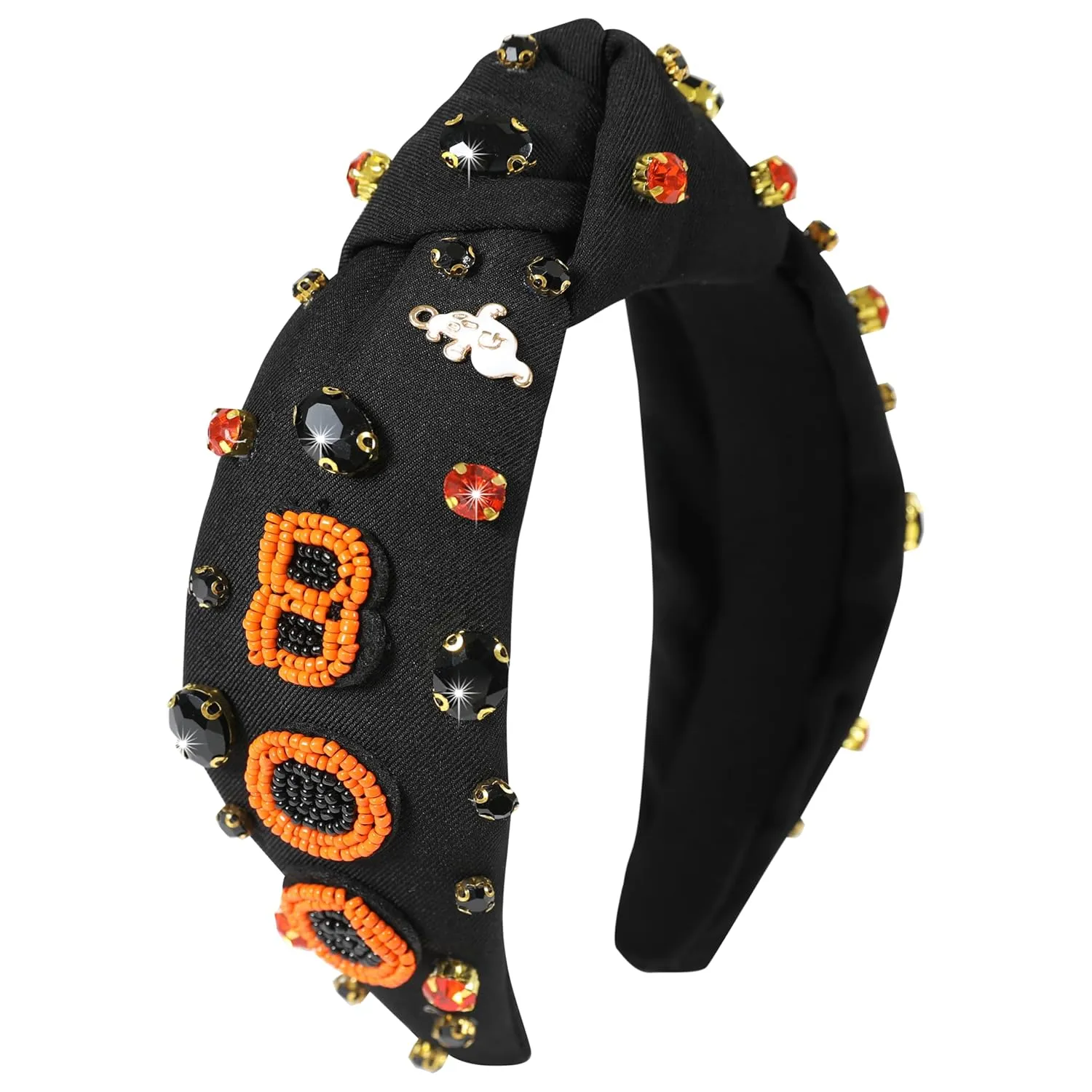 Halloween Boo Headband for Women Crystal Pearl Knotted Hairband Beaded Black Orange Wide Knot Headband for Girls Adult Halloween Spooky Ghost Accessories Outfits Gifts