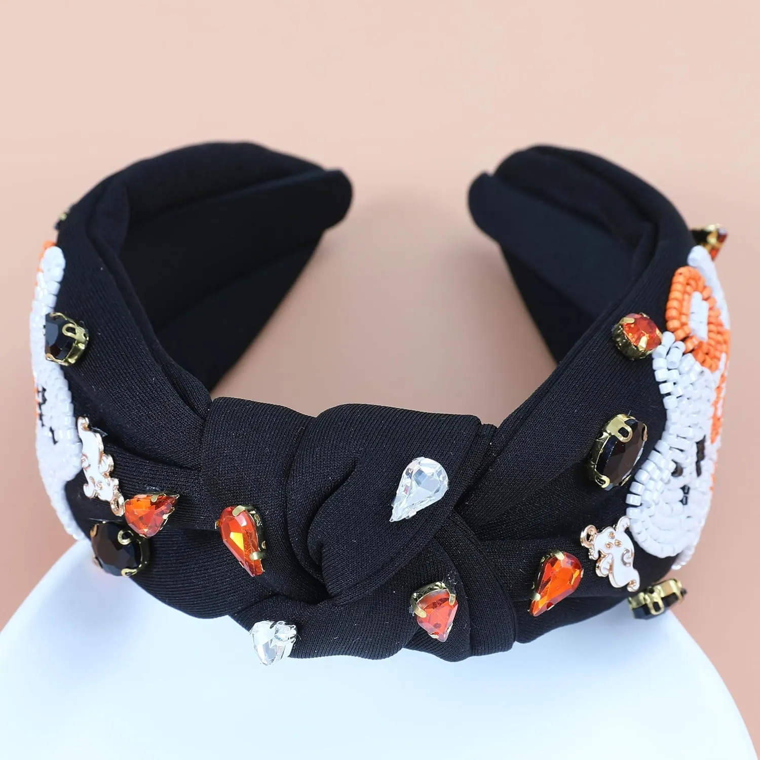 Halloween Boo Headband for Women Crystal Pearl Knotted Hairband Beaded Black Orange Wide Knot Headband for Girls Adult Halloween Spooky Ghost Accessories Outfits Gifts