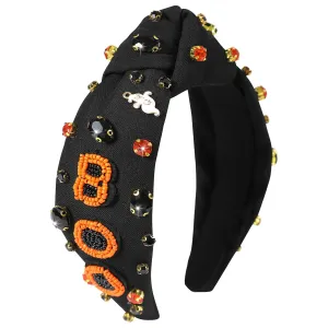 Halloween Boo Headband for Women Crystal Pearl Knotted Hairband Beaded Black Orange Wide Knot Headband for Girls Adult Halloween Spooky Ghost Accessories Outfits Gifts