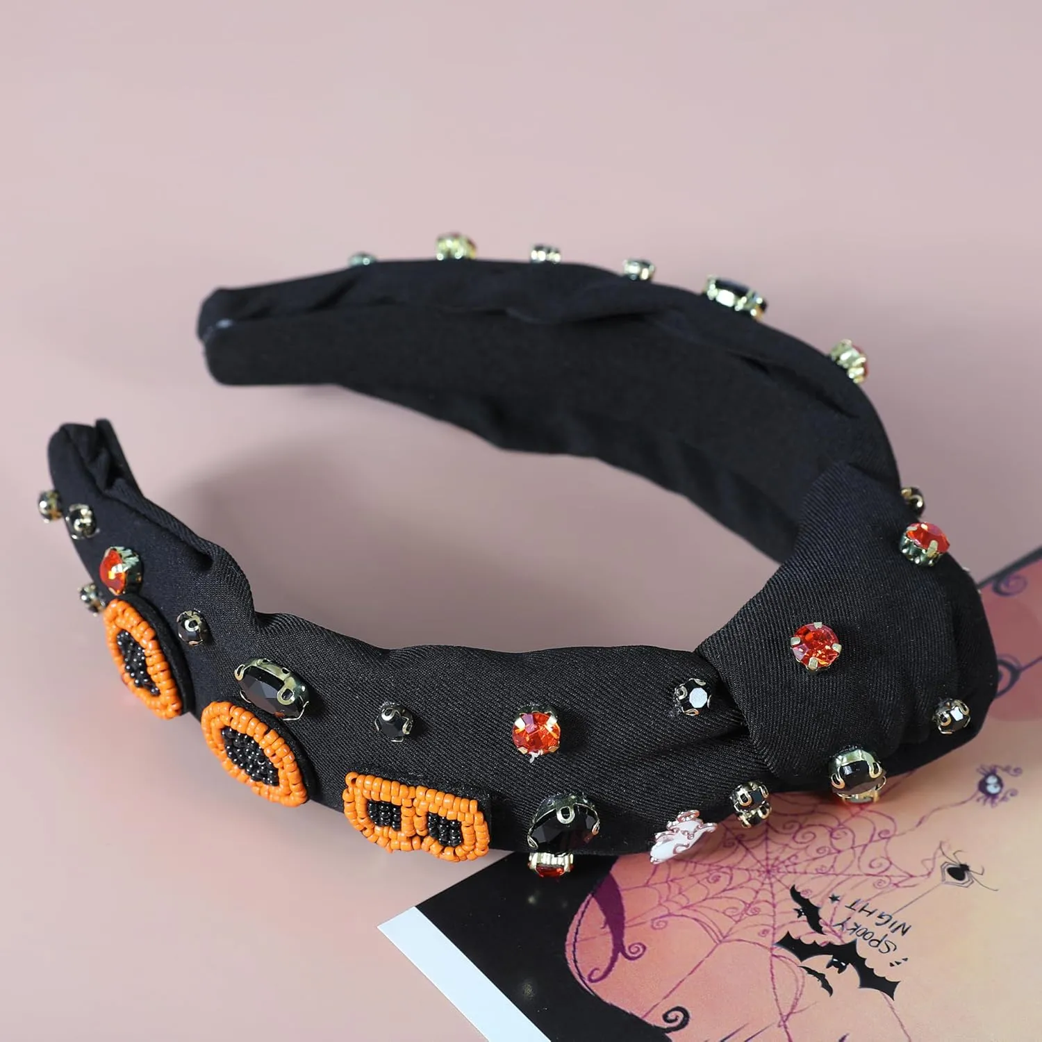 Halloween Boo Headband for Women Crystal Pearl Knotted Hairband Beaded Black Orange Wide Knot Headband for Girls Adult Halloween Spooky Ghost Accessories Outfits Gifts