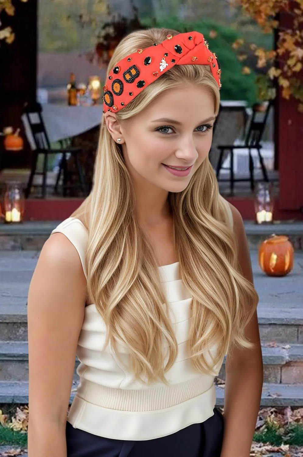 Halloween Boo Headband for Women Crystal Pearl Knotted Hairband Beaded Black Orange Wide Knot Headband for Girls Adult Halloween Spooky Ghost Accessories Outfits Gifts