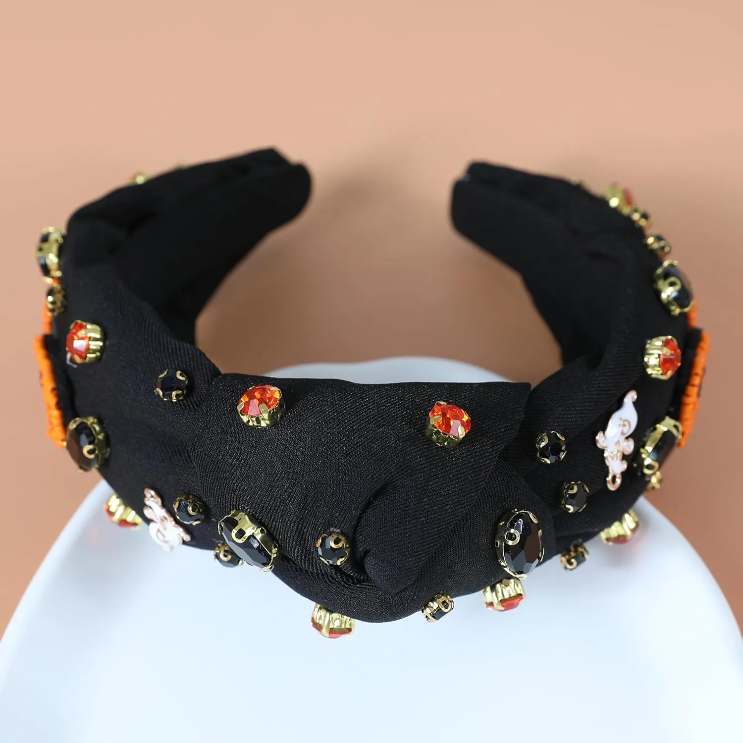 Halloween Boo Headband for Women Crystal Pearl Knotted Hairband Beaded Black Orange Wide Knot Headband for Girls Adult Halloween Spooky Ghost Accessories Outfits Gifts