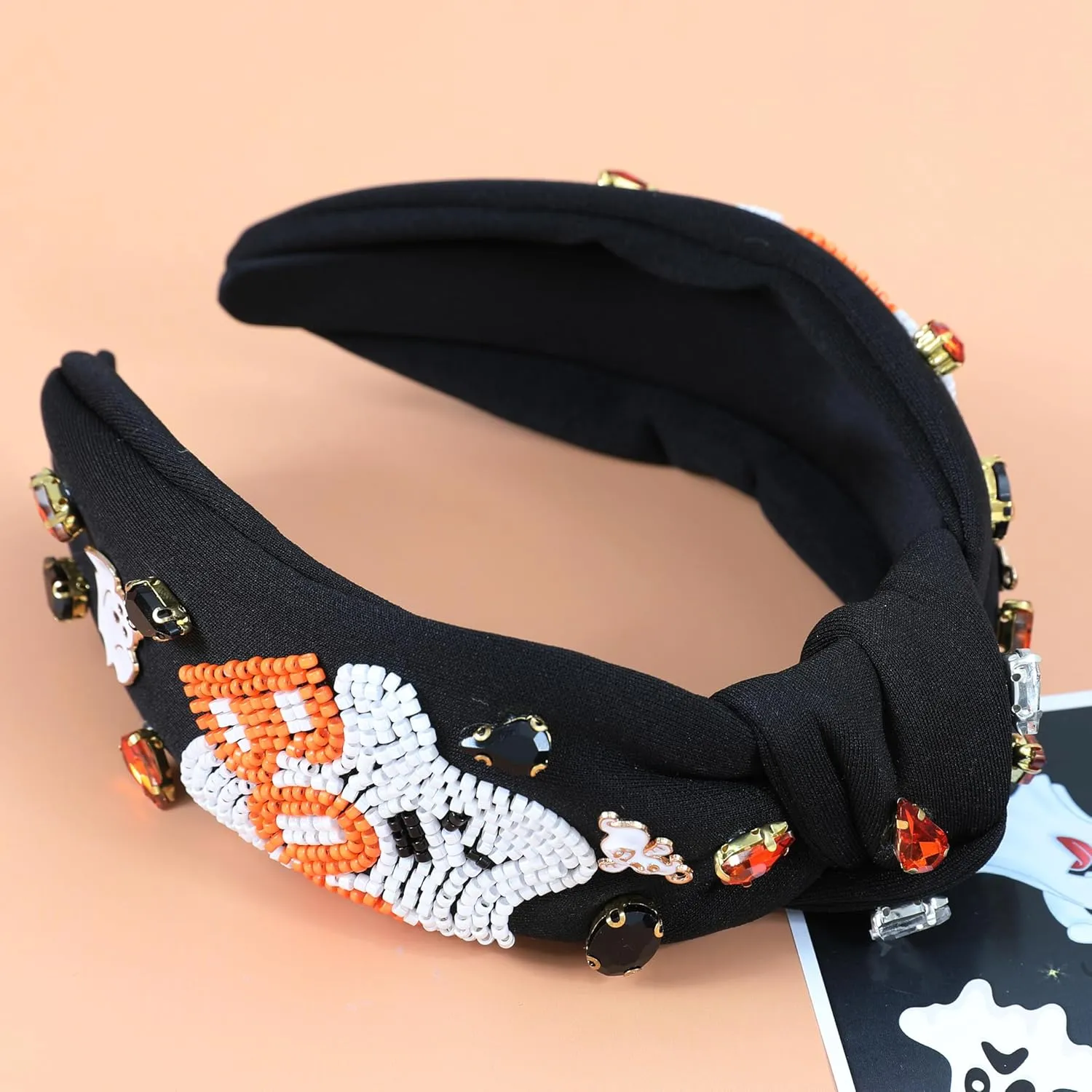 Halloween Boo Headband for Women Crystal Pearl Knotted Hairband Beaded Black Orange Wide Knot Headband for Girls Adult Halloween Spooky Ghost Accessories Outfits Gifts