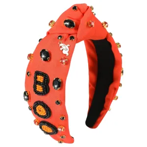 Halloween Boo Headband for Women Crystal Pearl Knotted Hairband Beaded Black Orange Wide Knot Headband for Girls Adult Halloween Spooky Ghost Accessories Outfits Gifts