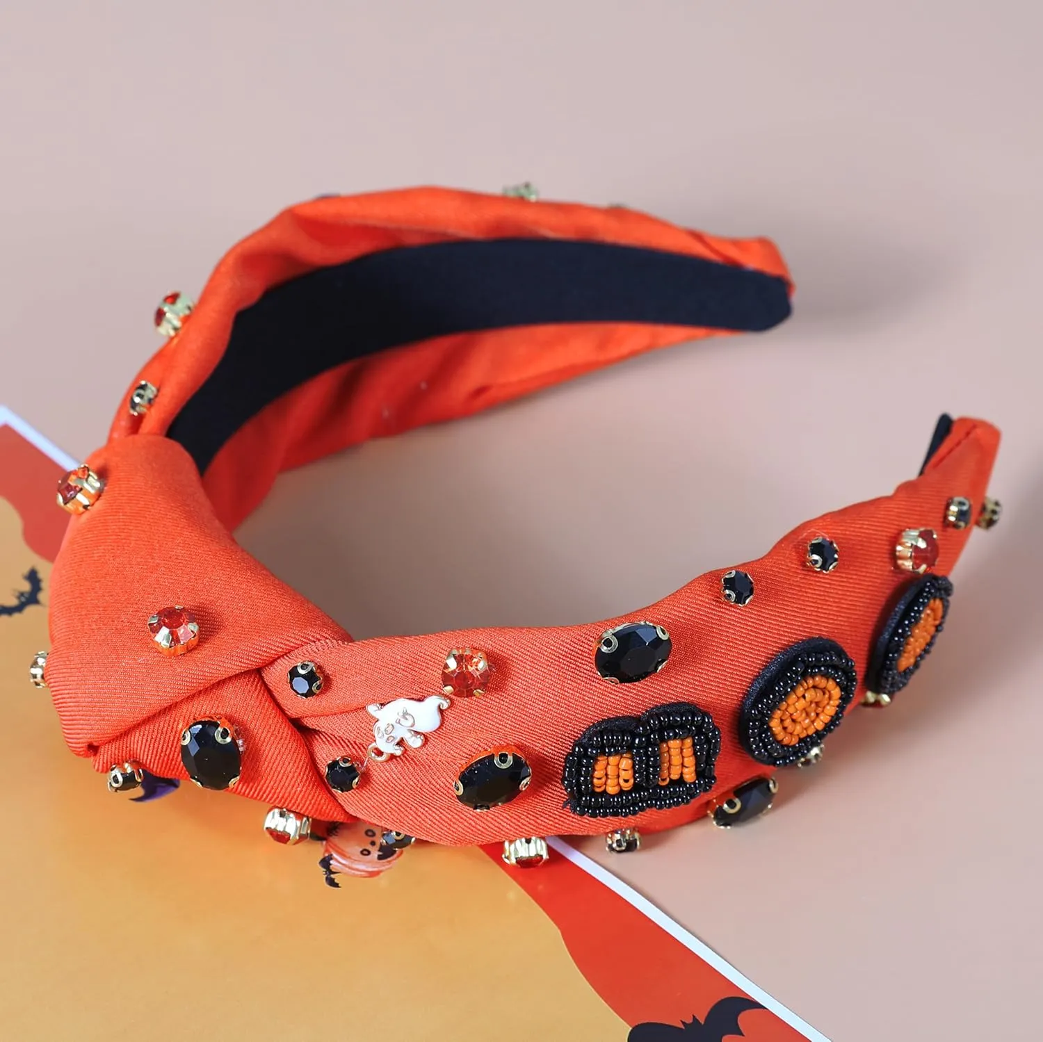 Halloween Boo Headband for Women Crystal Pearl Knotted Hairband Beaded Black Orange Wide Knot Headband for Girls Adult Halloween Spooky Ghost Accessories Outfits Gifts