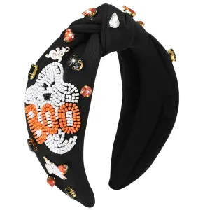Halloween Boo Headband for Women Crystal Pearl Knotted Hairband Beaded Black Orange Wide Knot Headband for Girls Adult Halloween Spooky Ghost Accessories Outfits Gifts