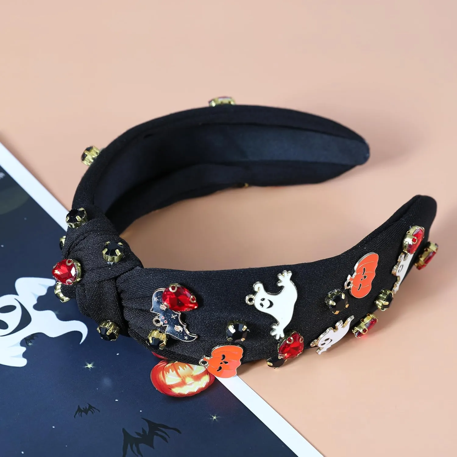 Halloween Jeweled Headbands for Women Girls Beaded Boo Pumpkin Ghost Bat Headband Sparkly Rhinestone Knotted Headband Cute Halloween Costume Headpiece Hair Accessories