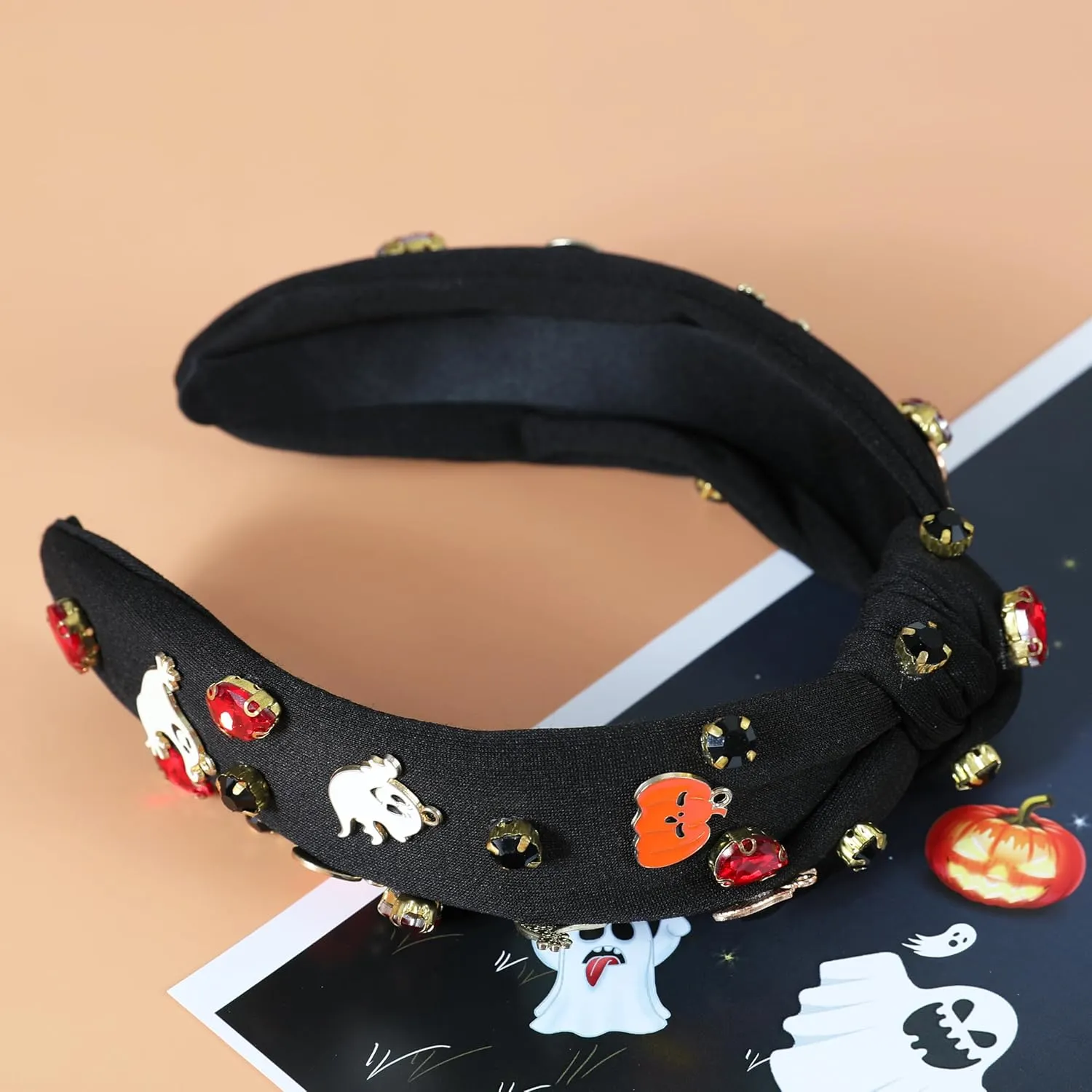 Halloween Jeweled Headbands for Women Girls Beaded Boo Pumpkin Ghost Bat Headband Sparkly Rhinestone Knotted Headband Cute Halloween Costume Headpiece Hair Accessories