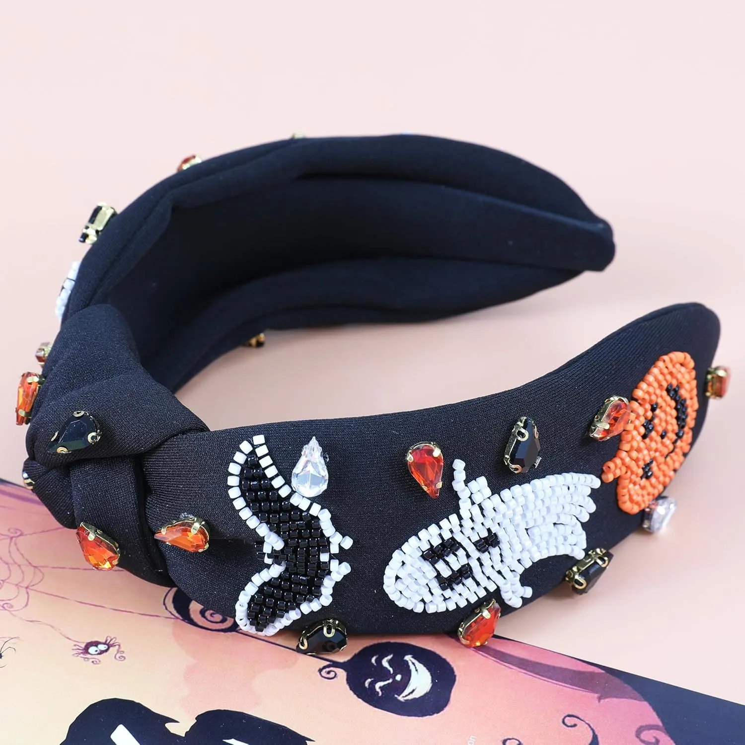 Halloween Jeweled Headbands for Women Girls Beaded Pumpkin Ghost Bat Headband Sparkly Rhinestone Knotted Headband Cute Halloween Costume Headpiece Hair Accessories