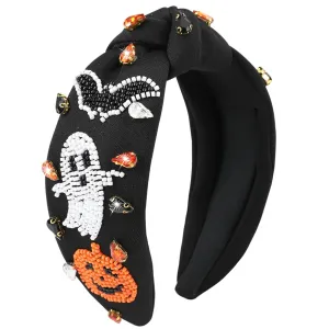 Halloween Jeweled Headbands for Women Girls Beaded Pumpkin Ghost Bat Headband Sparkly Rhinestone Knotted Headband Cute Halloween Costume Headpiece Hair Accessories