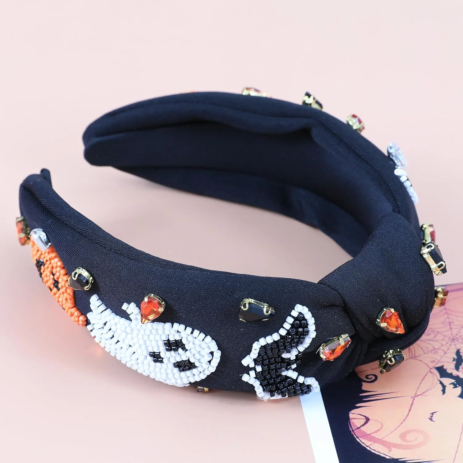 Halloween Jeweled Headbands for Women Girls Beaded Pumpkin Ghost Bat Headband Sparkly Rhinestone Knotted Headband Cute Halloween Costume Headpiece Hair Accessories