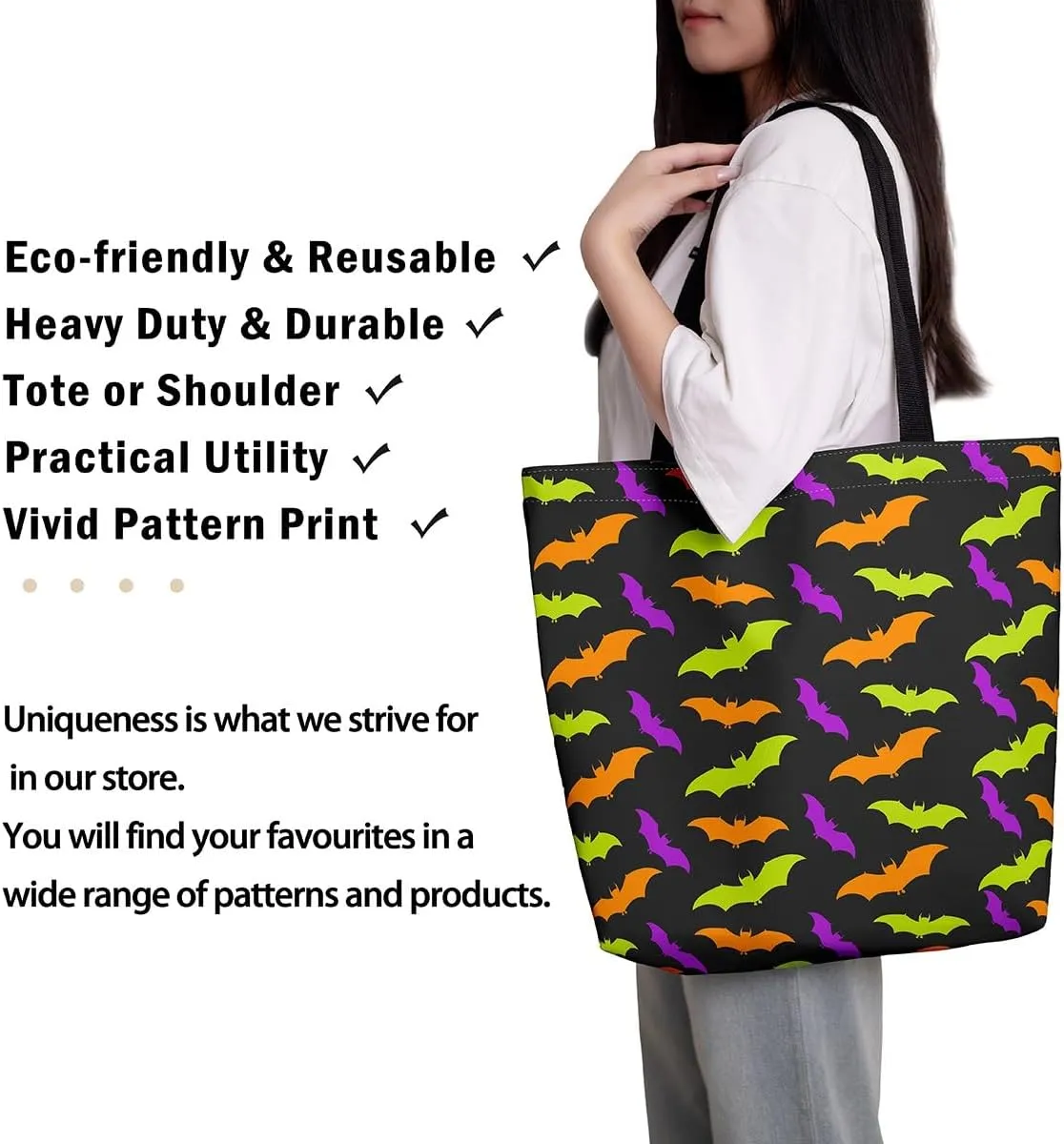 Halloween Theme Casual Travel Bag Black Cat Shopping Grocery Shoulder Bag Happy Halloween Canvas Tote Bag