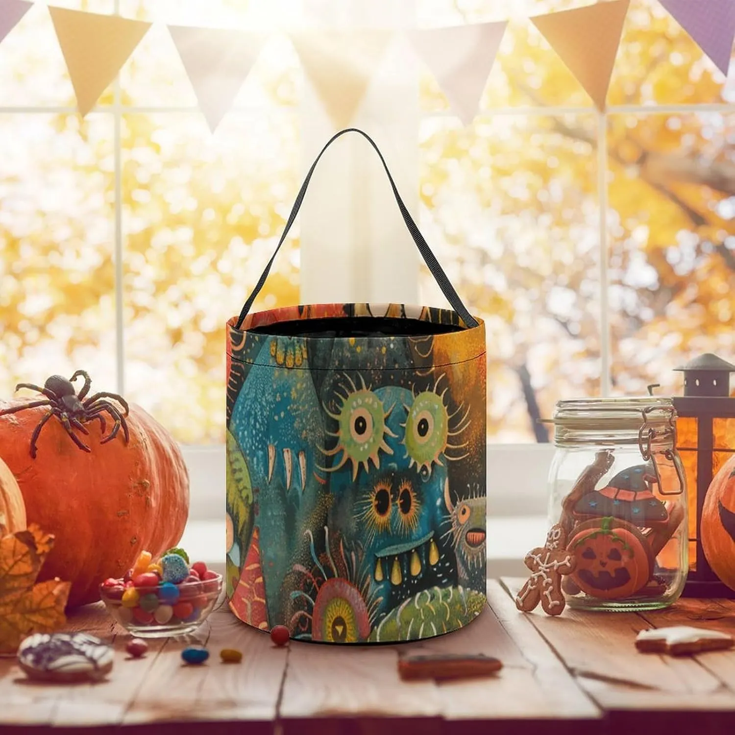 Halloween Trick Or Treat Bags Halloween Tote Bag Blue And White Flowers Gift Bags Halloween Candy Buckets