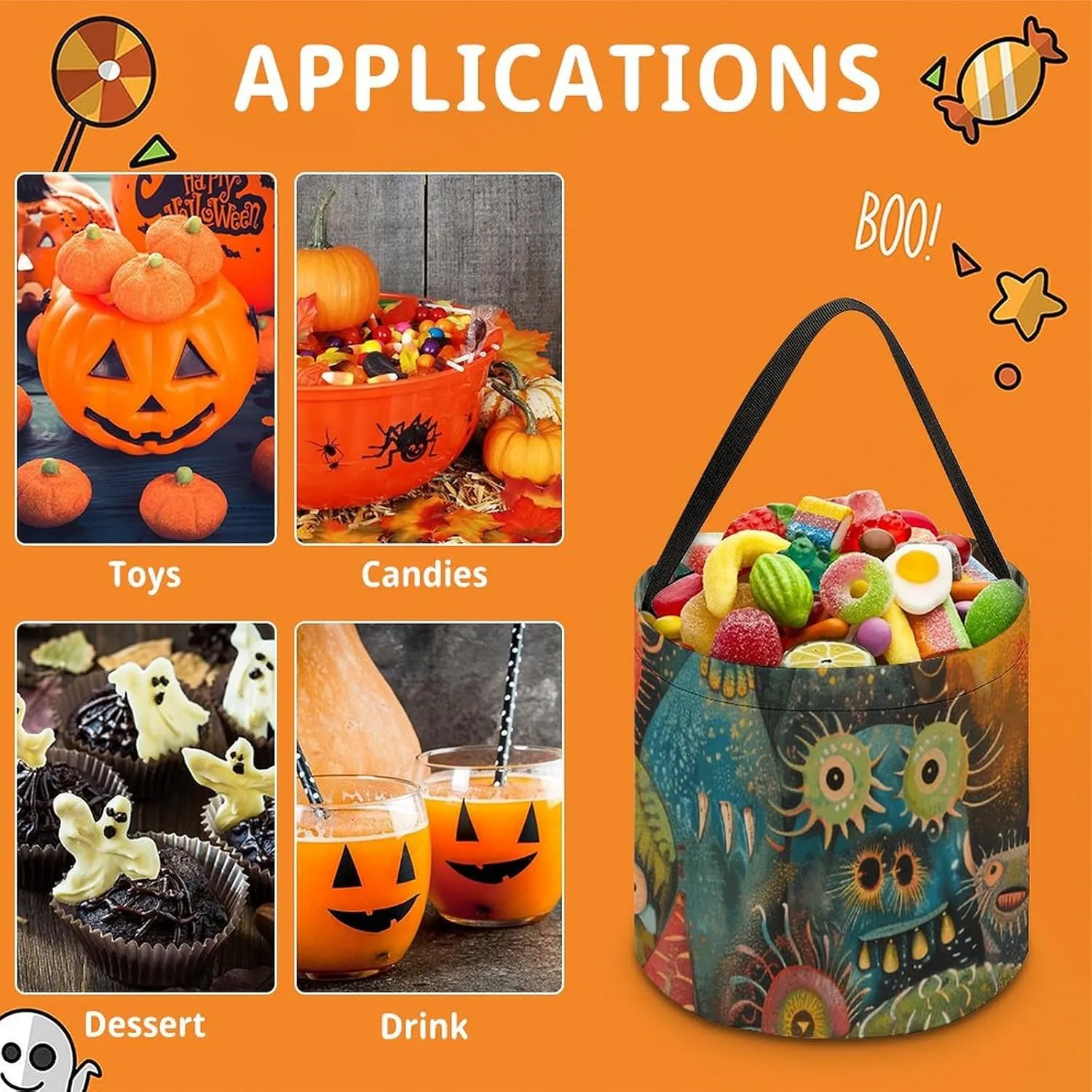 Halloween Trick Or Treat Bags Halloween Tote Bag Blue And White Flowers Gift Bags Halloween Candy Buckets