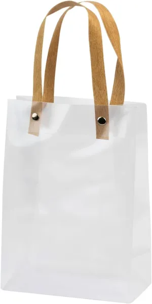 Hammont Clear Frosted Gift Bags - 10 Pack - Plastic Reusable Bags with Brown Straw Handle - 7.5”X5.25”X2.75” - Baby Shower, Wedding Gift Bags for Hotel Guests - Clear Party Favor Bag