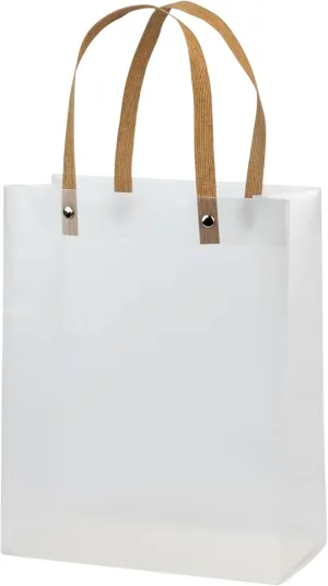 Hammont Clear Frosted Gift Bags - 10 Pack - Plastic Reusable Bags with Brown Straw Handle - 9.75”X7.75”X4”- Baby Shower, Wedding Gift Bags for Hotel Guests - Clear Party Favor Bag