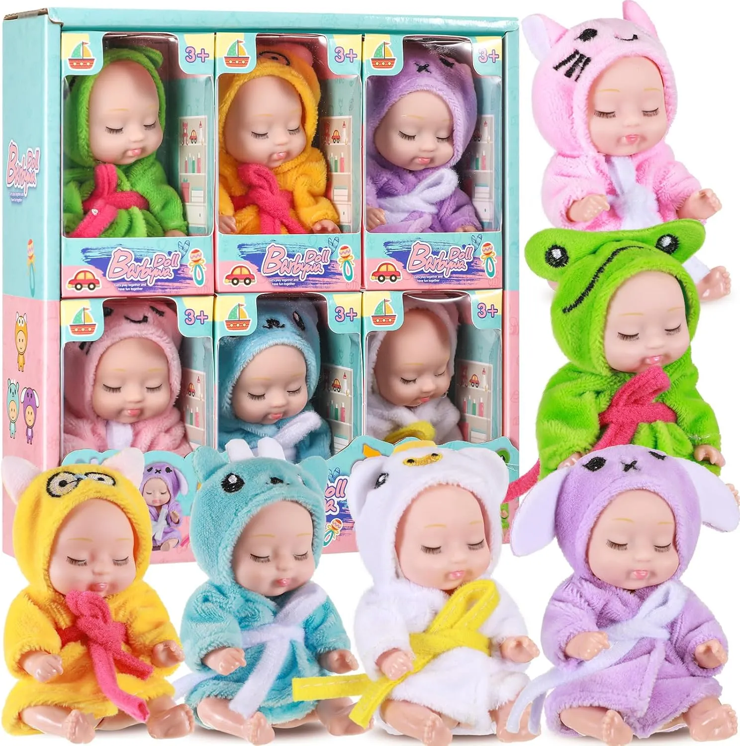 Hanaive 6 Pcs Mini Christmas Dolls 4 Inch Reborn Cute Realistic Baby Doll Holiday Birthday Gifts Set for Girls Toddlers Kids Basket Stuffers (Sleepwear)