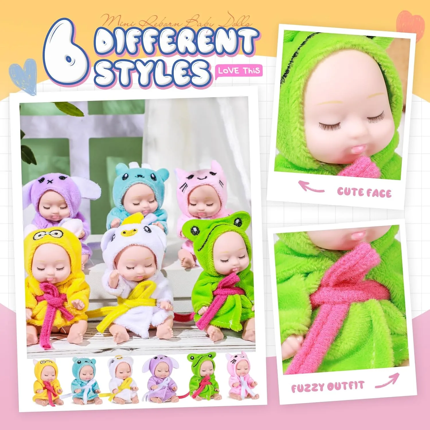 Hanaive 6 Pcs Mini Christmas Dolls 4 Inch Reborn Cute Realistic Baby Doll Holiday Birthday Gifts Set for Girls Toddlers Kids Basket Stuffers (Sleepwear)