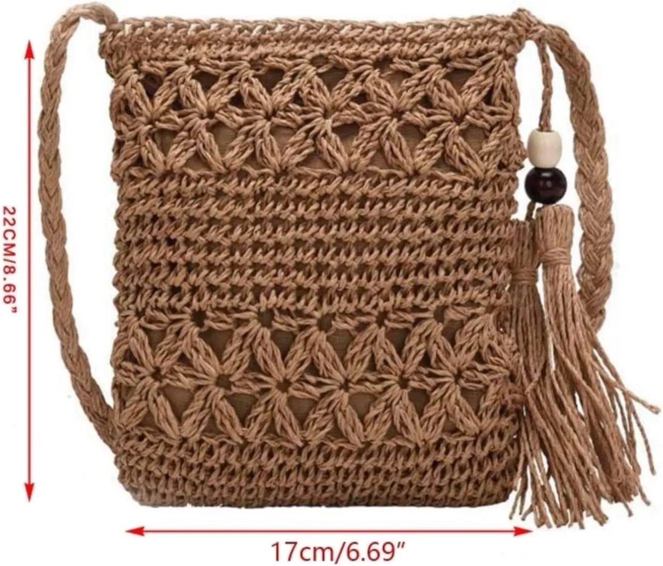Handbag for Women Beach Woven Straw Shoulder Bag with Tassel Boho Hollow Crochet Crossbody Bag