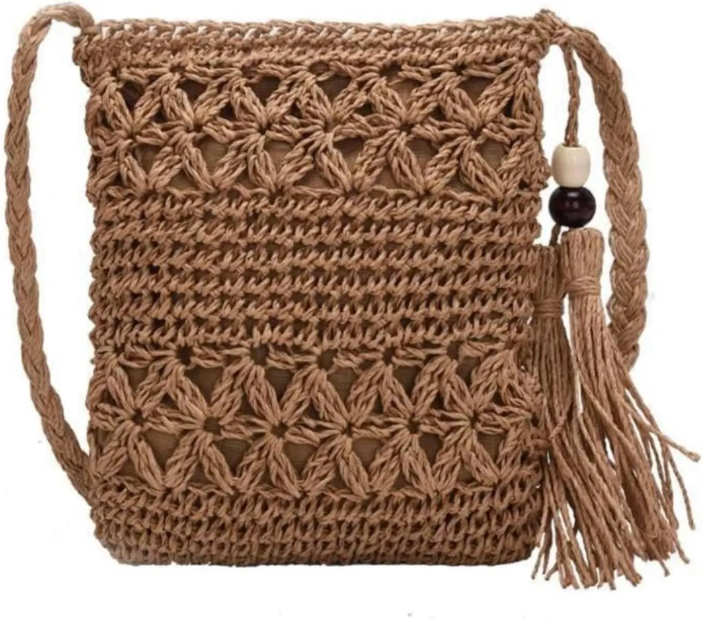 Handbag for Women Beach Woven Straw Shoulder Bag with Tassel Boho Hollow Crochet Crossbody Bag
