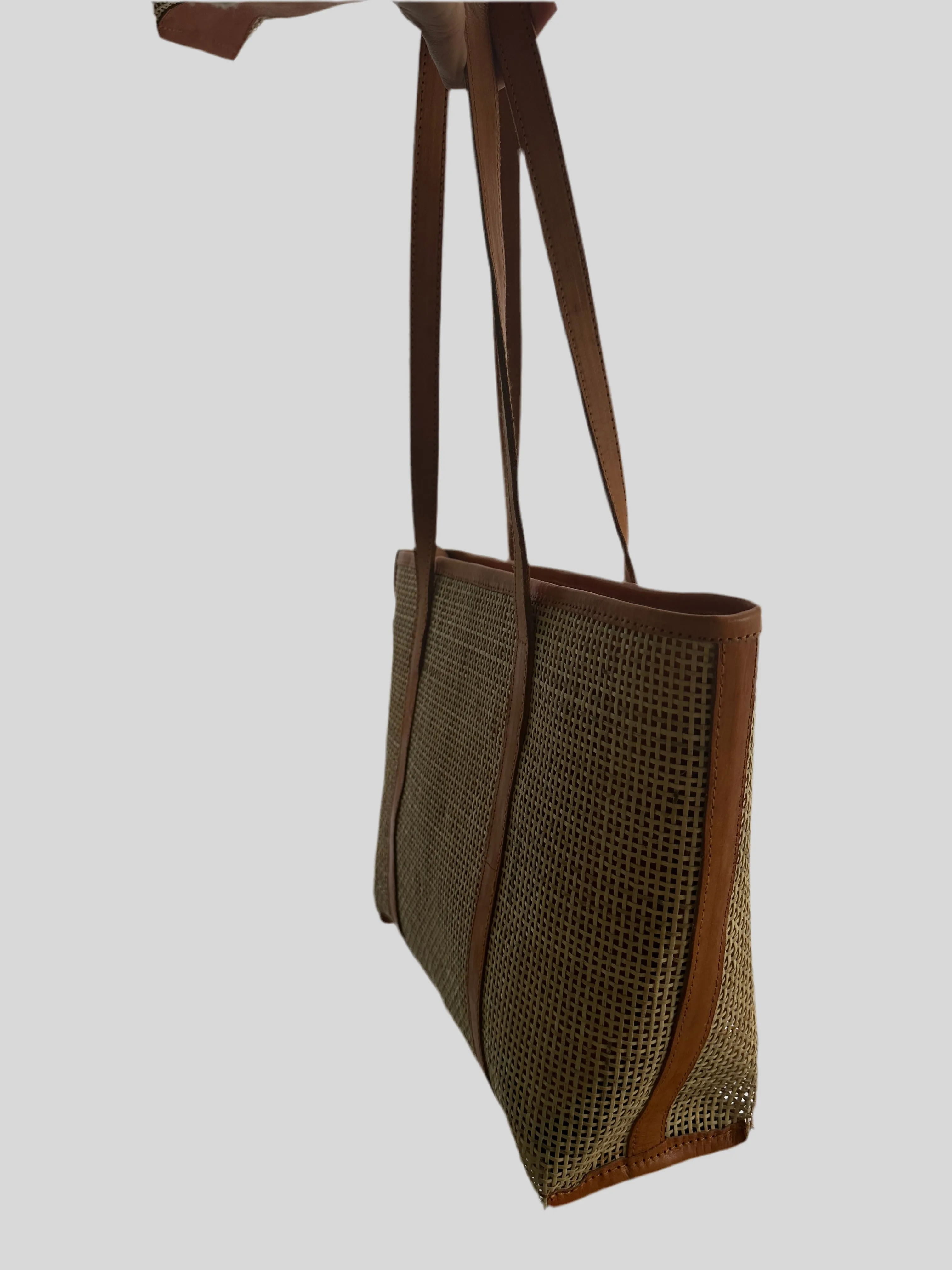 Handcrafted Rattan Tote Bag | Tan Leather & Natural Rattan | Capri