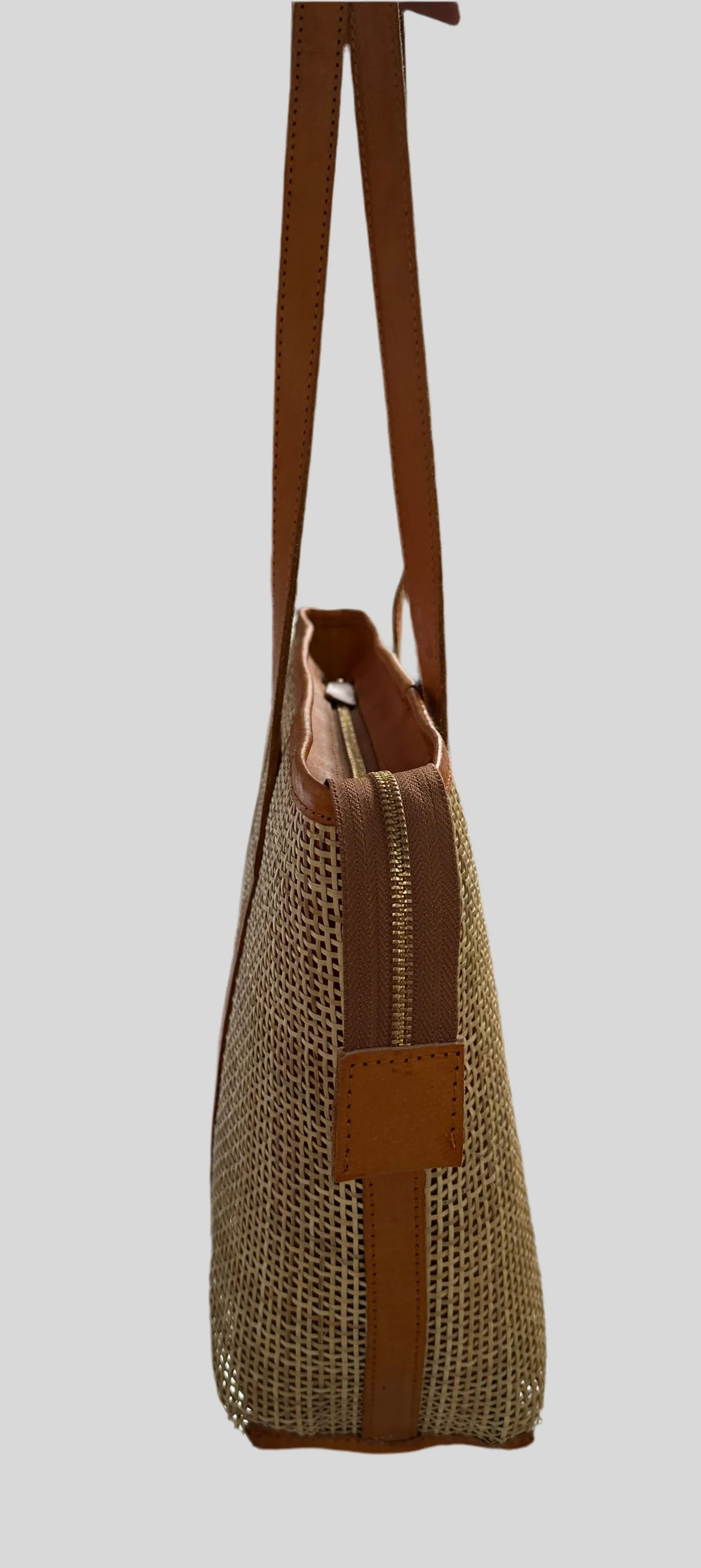 Handcrafted Rattan Tote Bag | Tan Leather & Natural Rattan | Capri