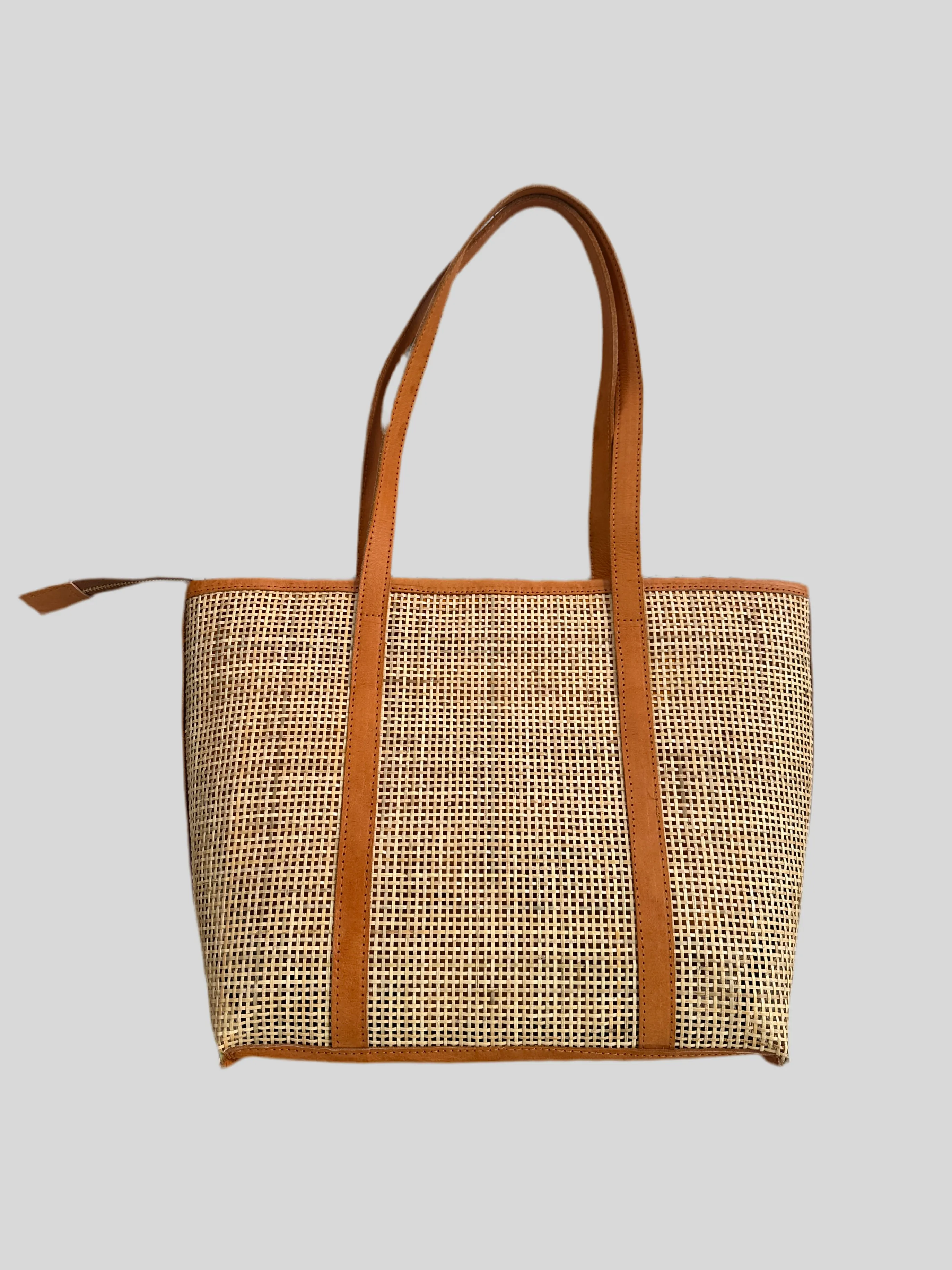 Handcrafted Rattan Tote Bag | Tan Leather & Natural Rattan | Capri
