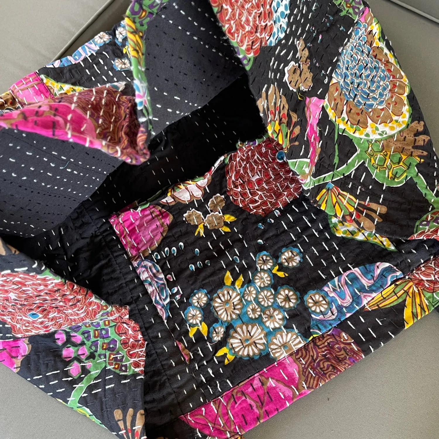 Handmade Boho Cotton Black Tropical Kantha Quilted Bags Tote Beach Bag
