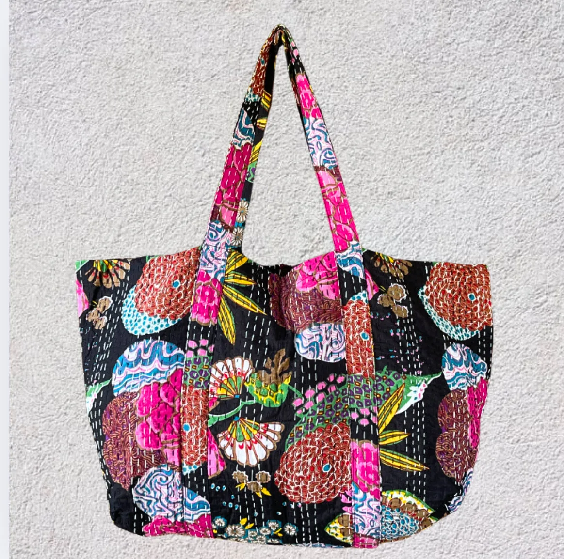 Handmade Boho Cotton Black Tropical Kantha Quilted Bags Tote Beach Bag