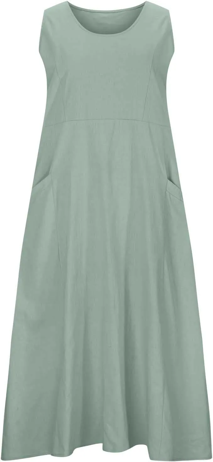 Hawaiian Dresses for Women Summer Casual Short Sleeve Cotton Linen Sundresses Oversized Flowy Dress with Pockets