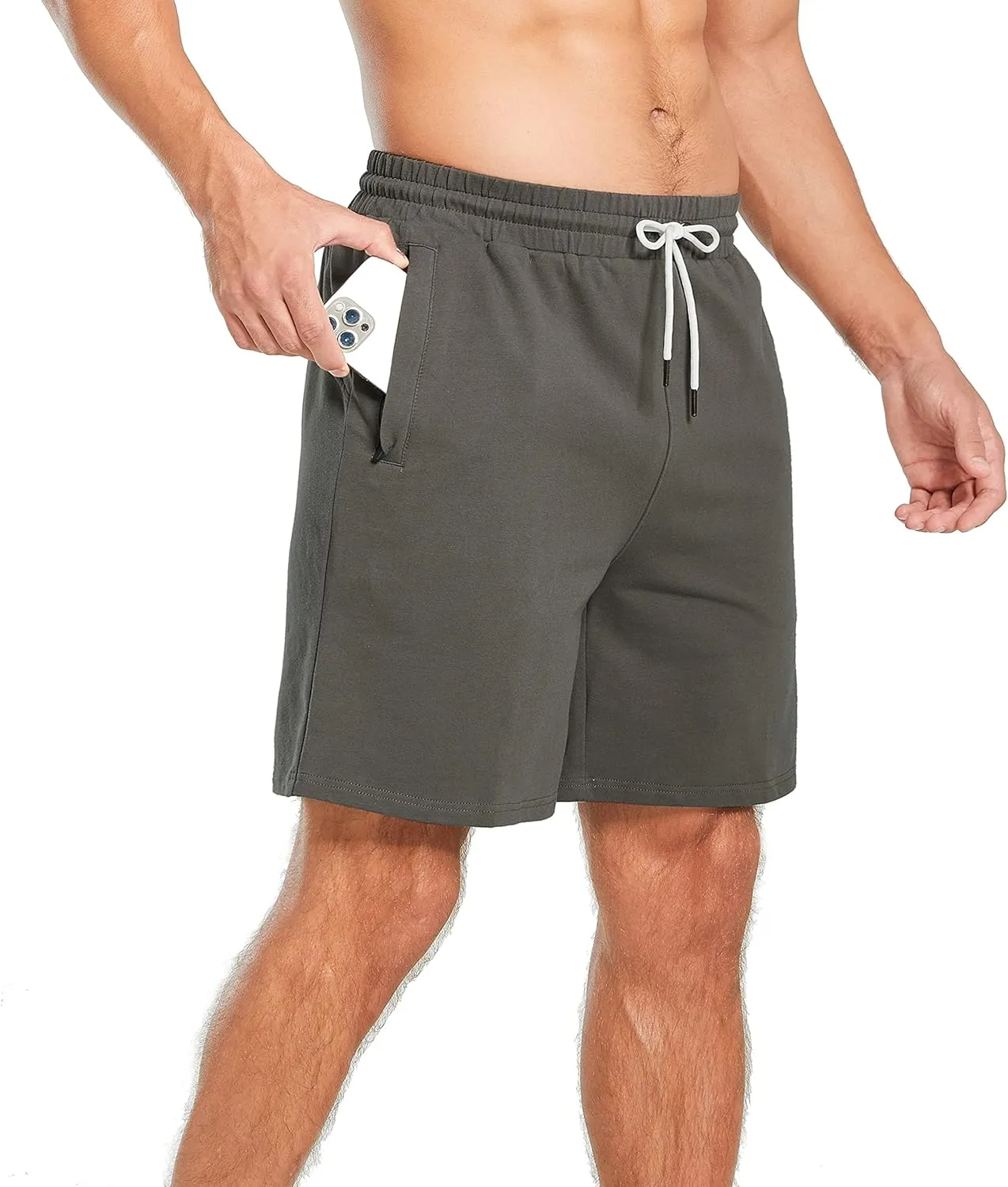 HEALONG Mens Athletic Shorts Cotton: Workout Gym Running Exercise Training - 7" Drawstring Fashion Sports with Zipper Pockets