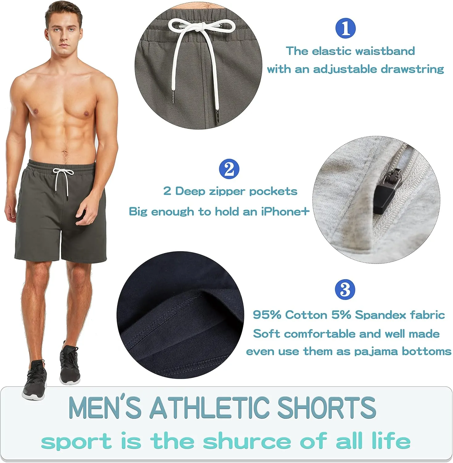 HEALONG Mens Athletic Shorts Cotton: Workout Gym Running Exercise Training - 7" Drawstring Fashion Sports with Zipper Pockets