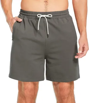 HEALONG Mens Athletic Shorts Cotton: Workout Gym Running Exercise Training - 7" Drawstring Fashion Sports with Zipper Pockets