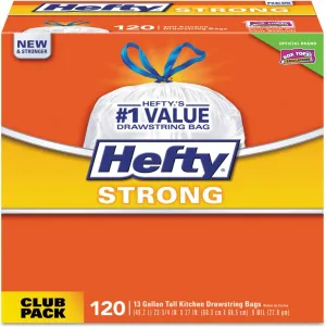 Hefty E84562 Strong Tall Kitchen Drawstring Bags, 13 gal, 0.9 mil, 24 x 27.75-Inch, White, 120/BX