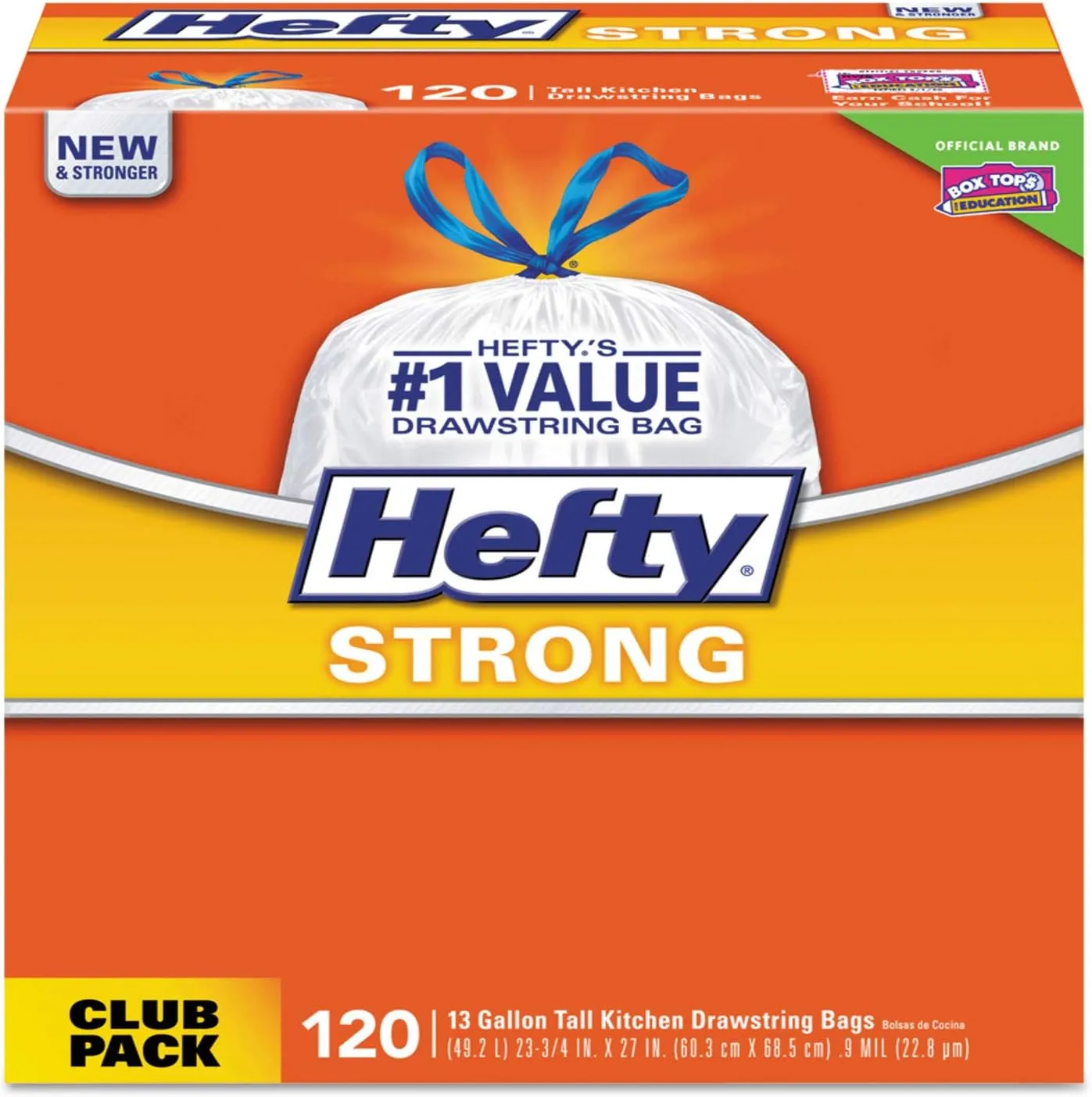 Hefty E84562 Strong Tall Kitchen Drawstring Bags, 13 gal, 0.9 mil, 24 x 27.75-Inch, White, 120/BX